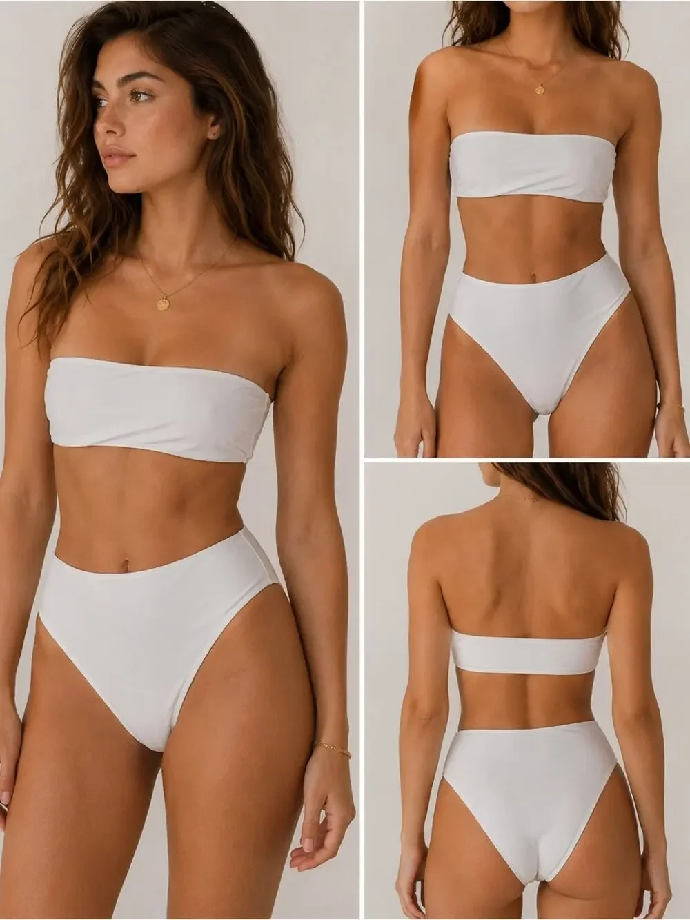White Strapless Bandeau Bikini Set High Waisted Two Piece Swimsuit Size L New